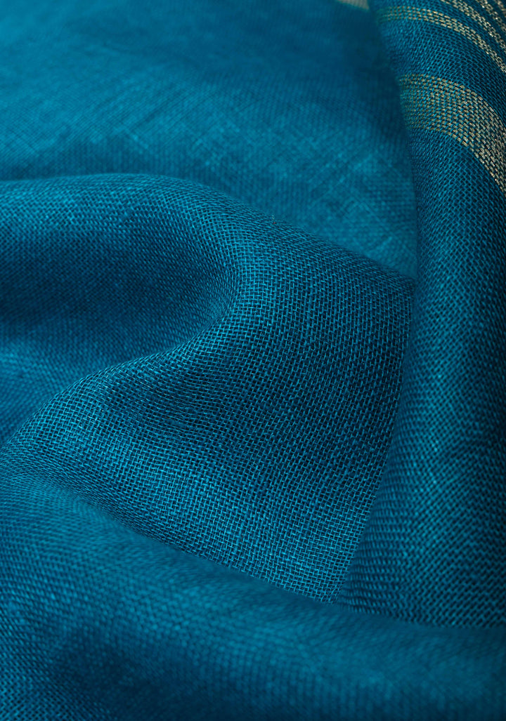 Bluish Cyan Linen by Linen Saree with Zari Border and Contrast Blouse Piece