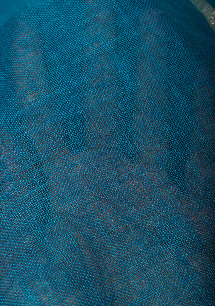 Bluish Cyan Linen by Linen Saree with Zari Border and Contrast Blouse Piece