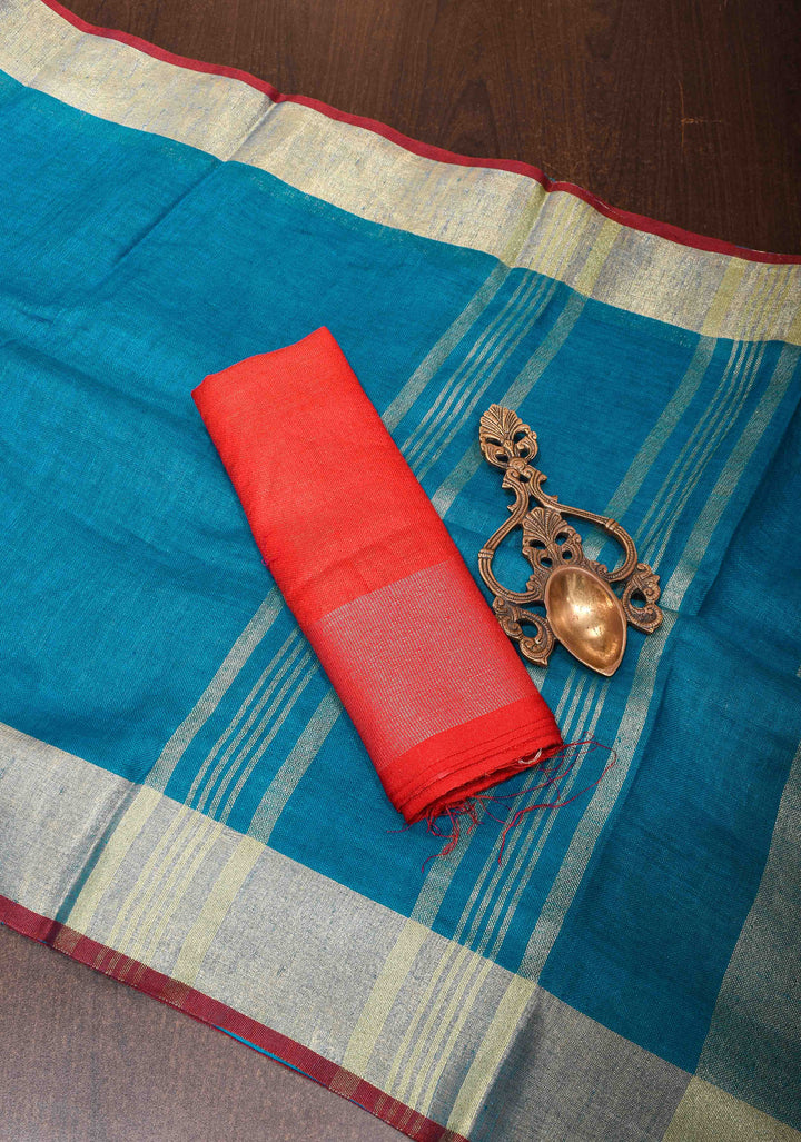 Bluish Cyan Linen by Linen Saree with Zari Border and Contrast Blouse Piece
