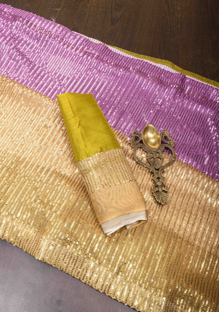 Ombre Orchid  and Olive Yellow Sequins on Net Saree