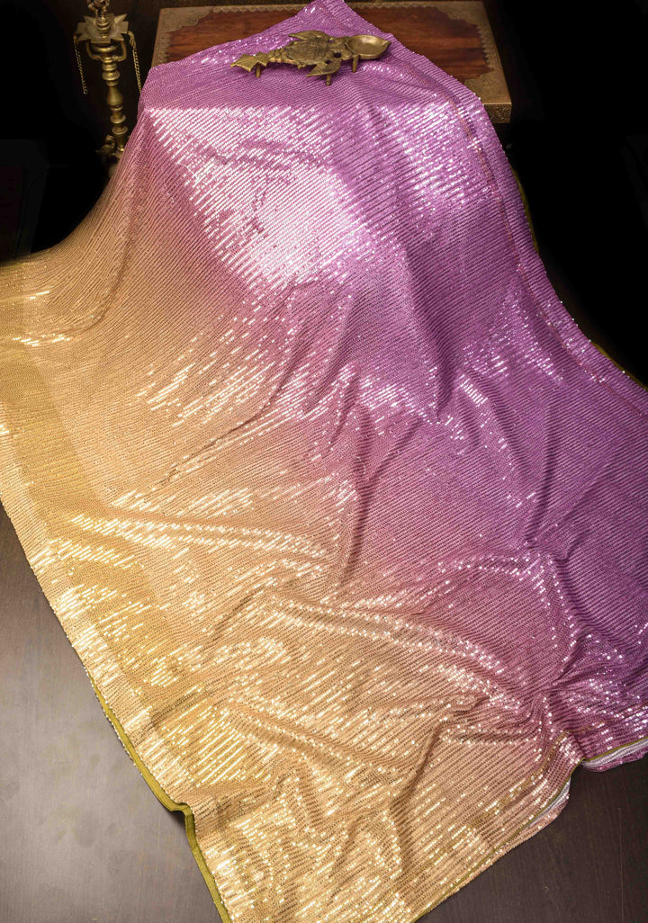 Ombre Orchid  and Olive Yellow Sequins on Net Saree
