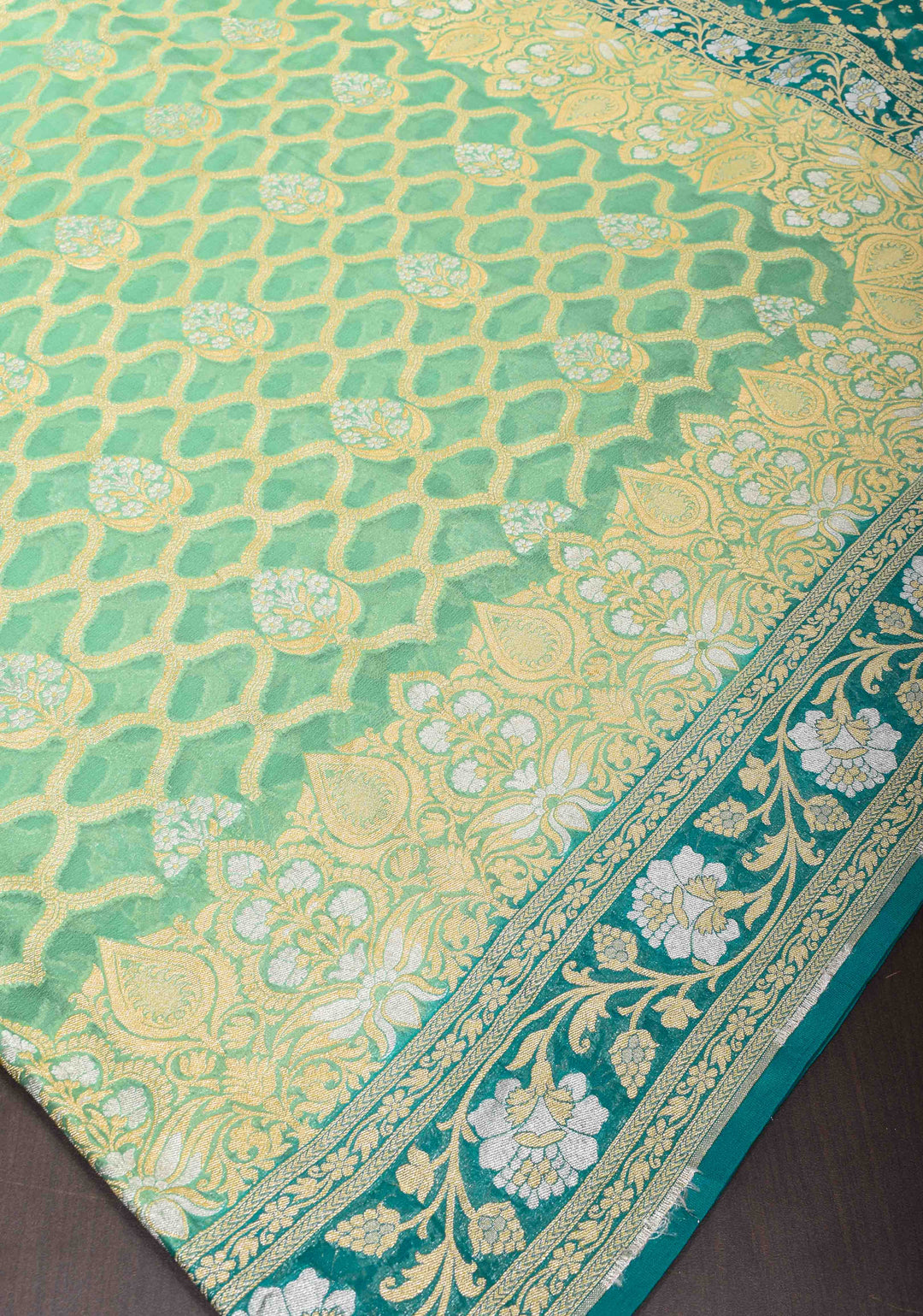 Mint Green Authentic Banarasi Silk Georgette Saree with Alfi zari detailing | SILK MARKED CERTIFIED
