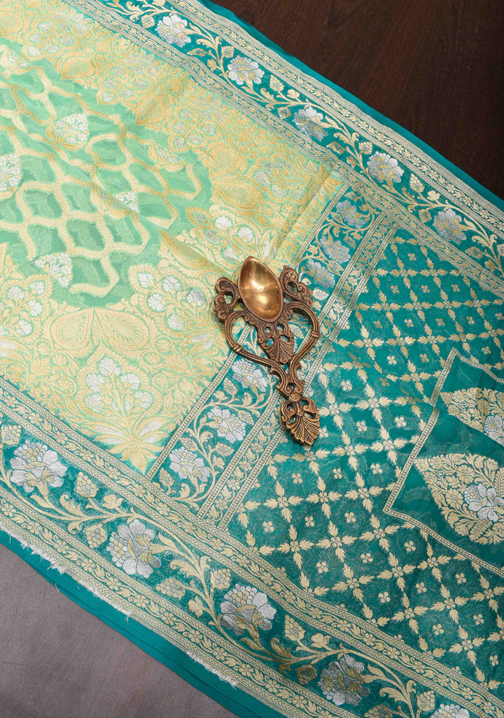 Mint Green Authentic Banarasi Silk Georgette Saree with Alfi zari detailing | SILK MARKED CERTIFIED
