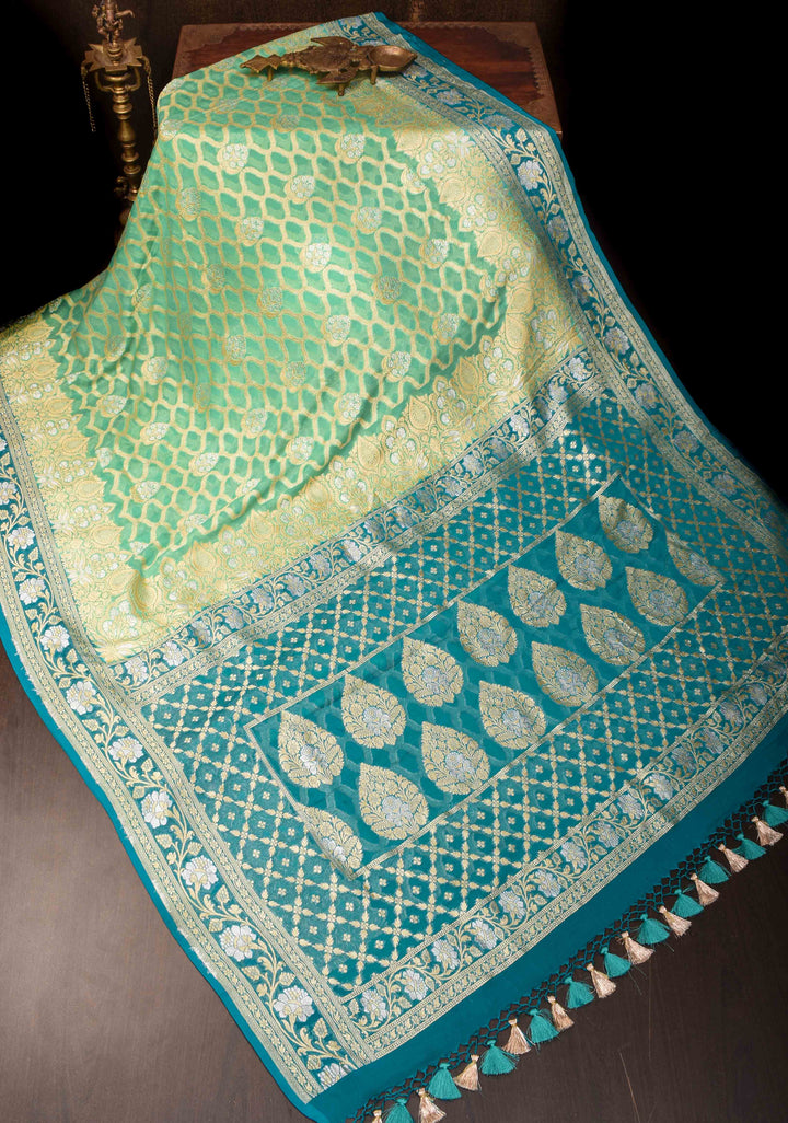 Mint Green Authentic Banarasi Silk Georgette Saree with Alfi zari detailing | SILK MARKED CERTIFIED