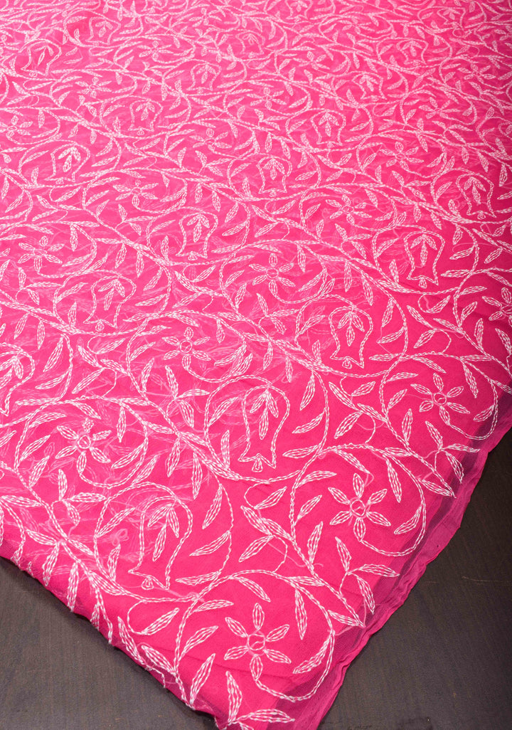 Pink Authentic Hand Tepchi Chikankari Full Jaal work on Georgette Saree