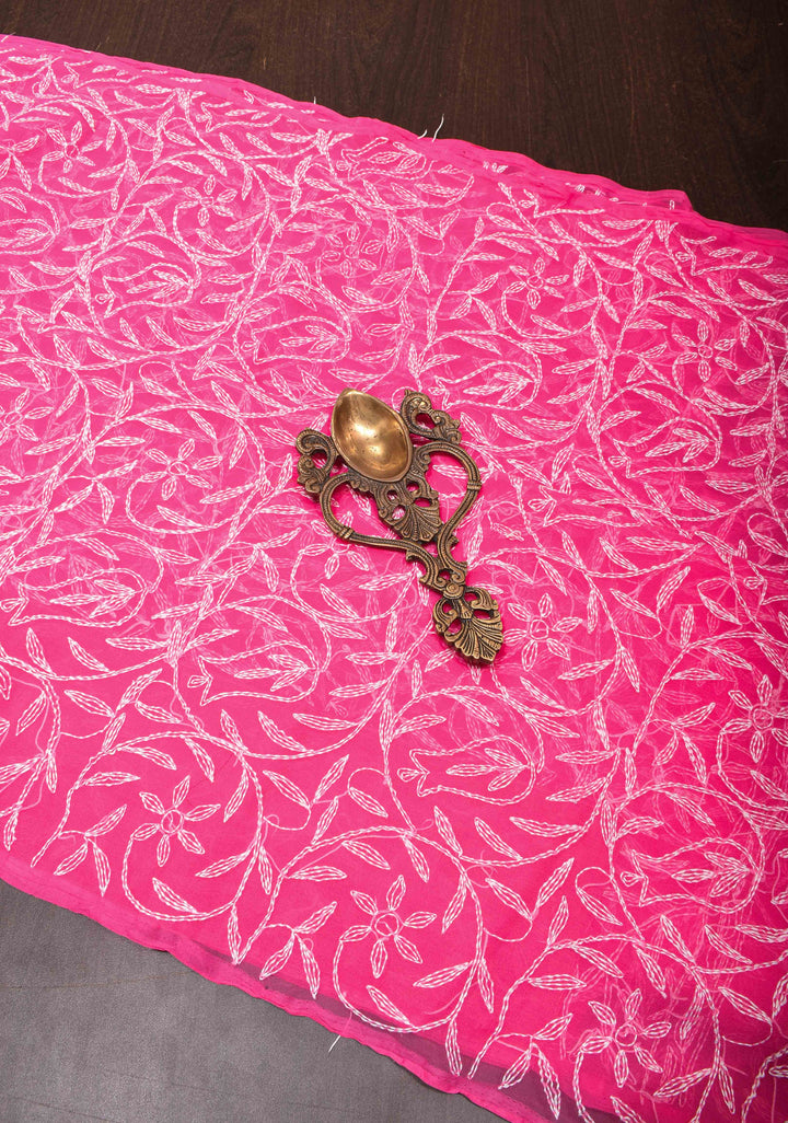 Pink Authentic Hand Tepchi Chikankari Full Jaal work on Georgette Saree