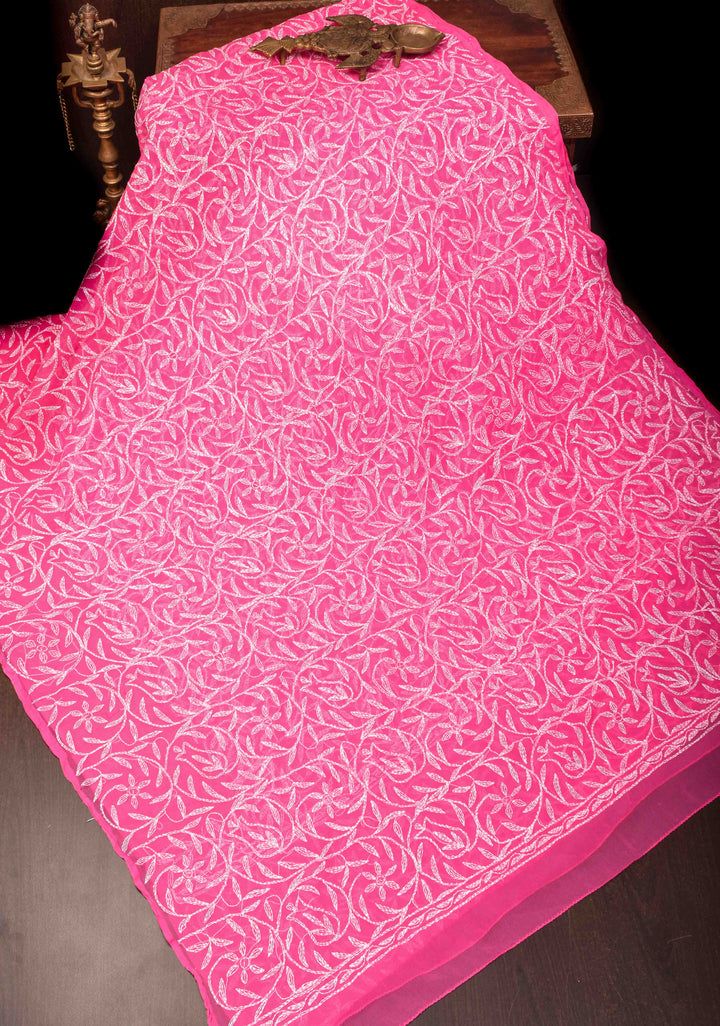 Pink Authentic Hand Tepchi Chikankari Full Jaal work on Georgette Saree