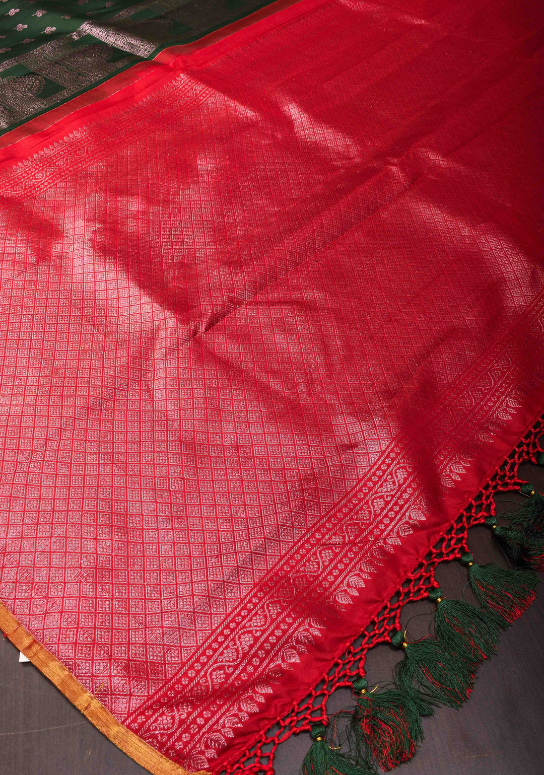Dark Green Pure Kanjivaram Panel Silk Saree with Meenakari Peacock Motifs and Contrast Pallu | SILK MARK CERTIFIED