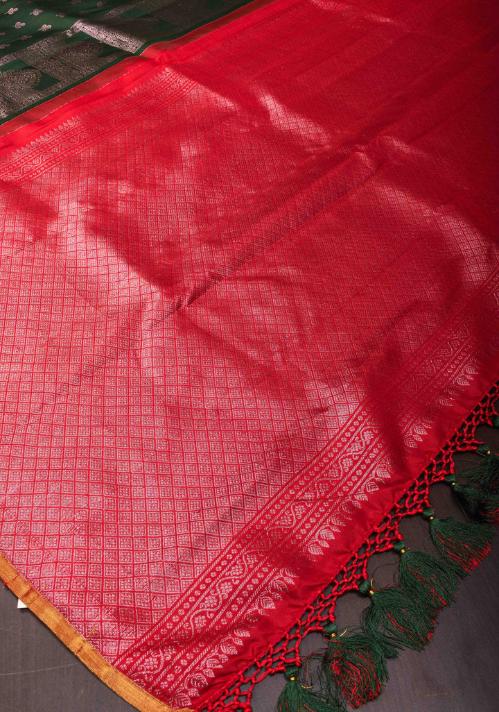 Dark Green Pure Kanjivaram Panel Silk Saree with Meenakari Peacock Motifs and Contrast Pallu | SILK MARK CERTIFIED
