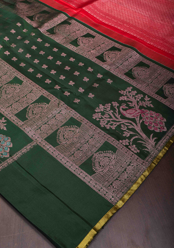 Dark Green Pure Kanjivaram Panel Silk Saree with Meenakari Peacock Motifs and Contrast Pallu | SILK MARK CERTIFIED