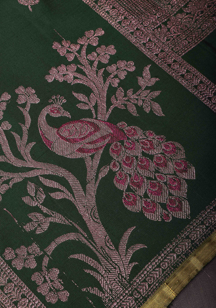 Dark Green Pure Kanjivaram Panel Silk Saree with Meenakari Peacock Motifs and Contrast Pallu | SILK MARK CERTIFIED