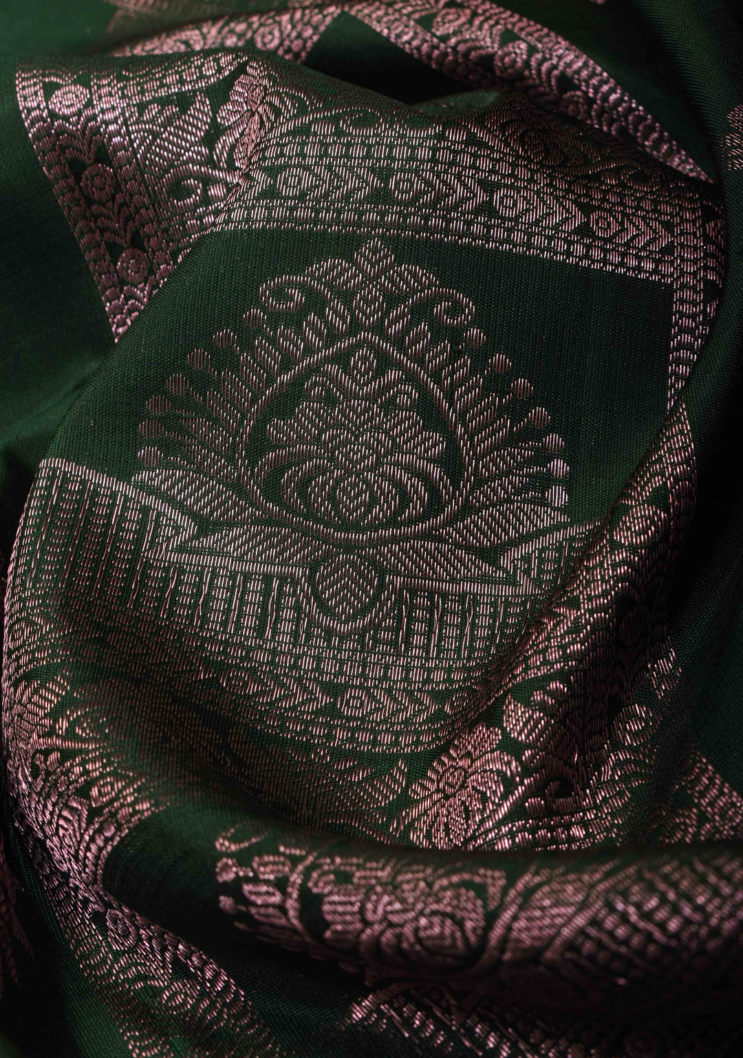 Dark Green Pure Kanjivaram Panel Silk Saree with Meenakari Peacock Motifs and Contrast Pallu | SILK MARK CERTIFIED
