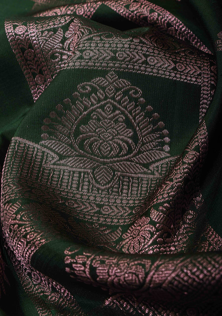 Dark Green Pure Kanjivaram Panel Silk Saree with Meenakari Peacock Motifs and Contrast Pallu | SILK MARK CERTIFIED