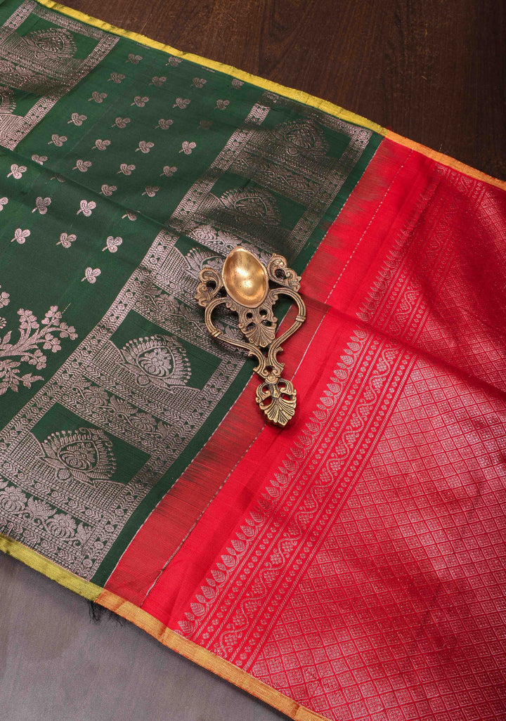 Dark Green Pure Kanjivaram Panel Silk Saree with Meenakari Peacock Motifs and Contrast Pallu | SILK MARK CERTIFIED