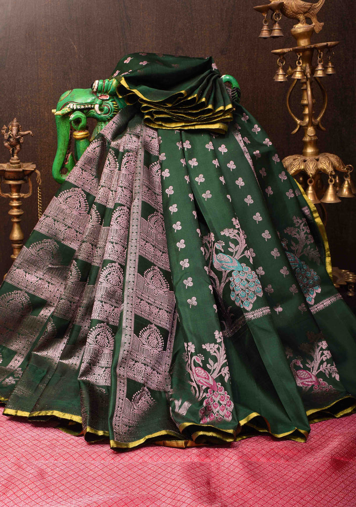 Dark Green Pure Kanjivaram Panel Silk Saree with Meenakari Peacock Motifs and Contrast Pallu | SILK MARK CERTIFIED