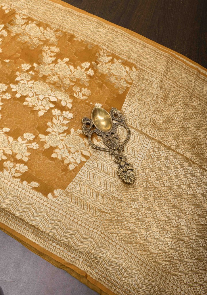 Ochre Banarasi Georgette Silk Saree with Rose Jaal Zari Weaving | SILK MARK CERTIFIED