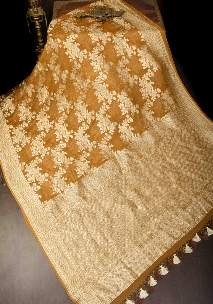Ochre Banarasi Georgette Silk Saree with Rose Jaal Zari Weaving | SILK MARK CERTIFIED