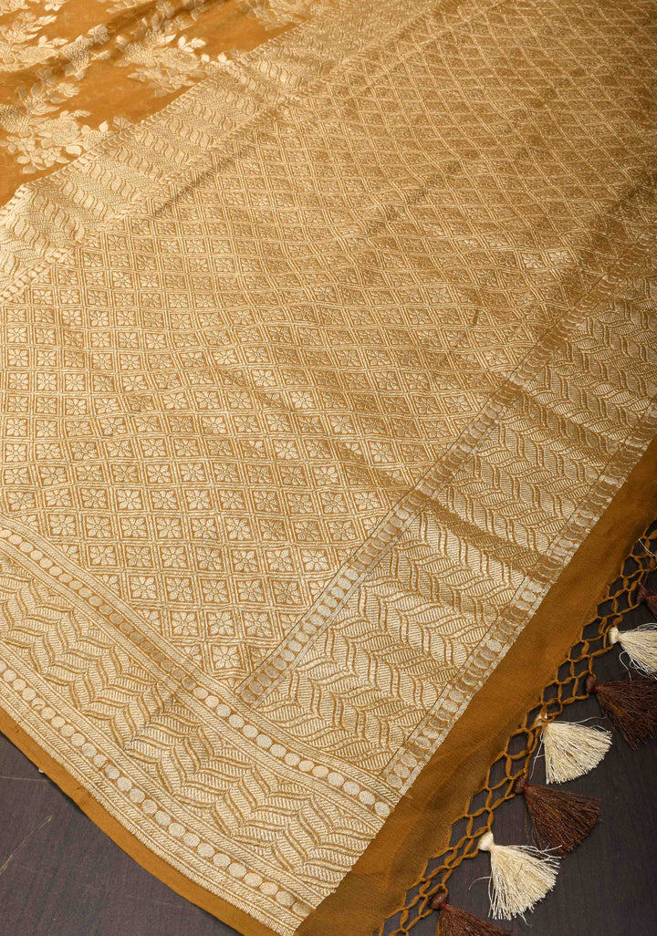 Ochre Banarasi Georgette Silk Saree with Rose Jaal Zari Weaving | SILK MARK CERTIFIED