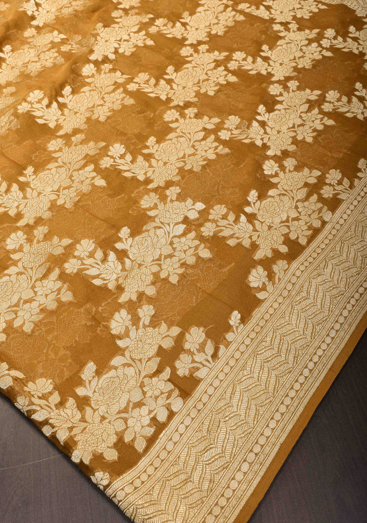Ochre Banarasi Georgette Silk Saree with Rose Jaal Zari Weaving | SILK MARK CERTIFIED