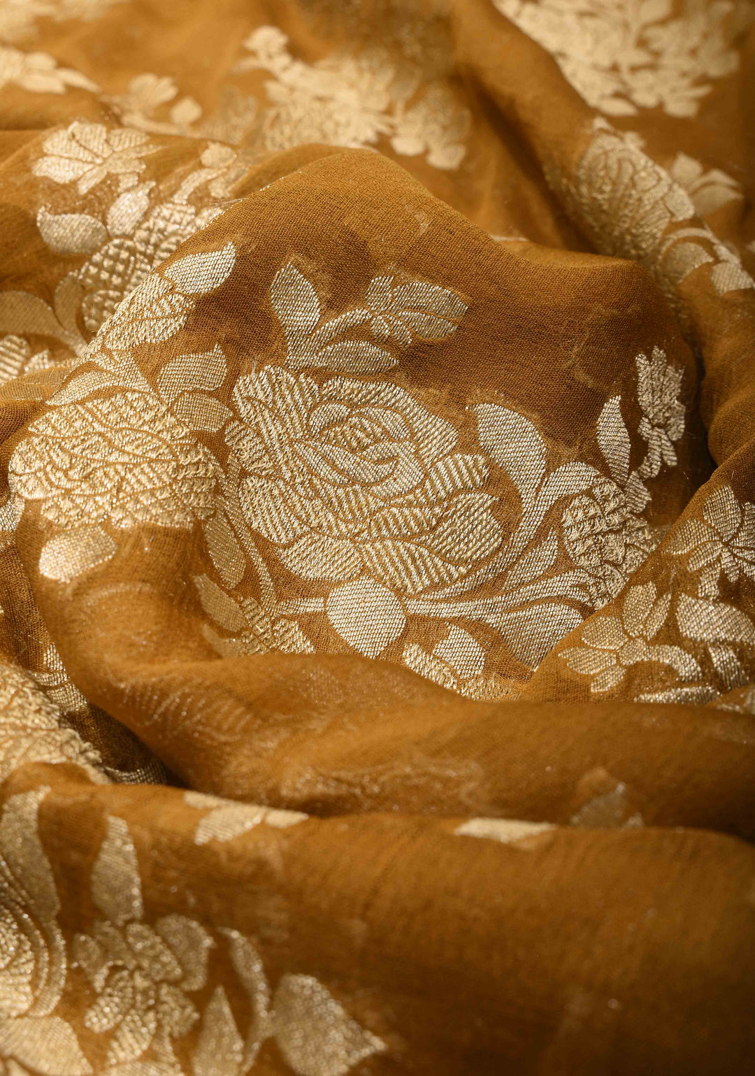 Ochre Banarasi Georgette Silk Saree with Rose Jaal Zari Weaving | SILK MARK CERTIFIED