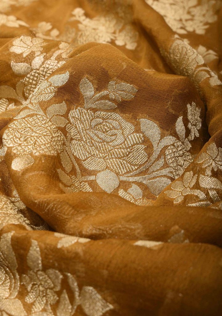 Ochre Banarasi Georgette Silk Saree with Rose Jaal Zari Weaving | SILK MARK CERTIFIED