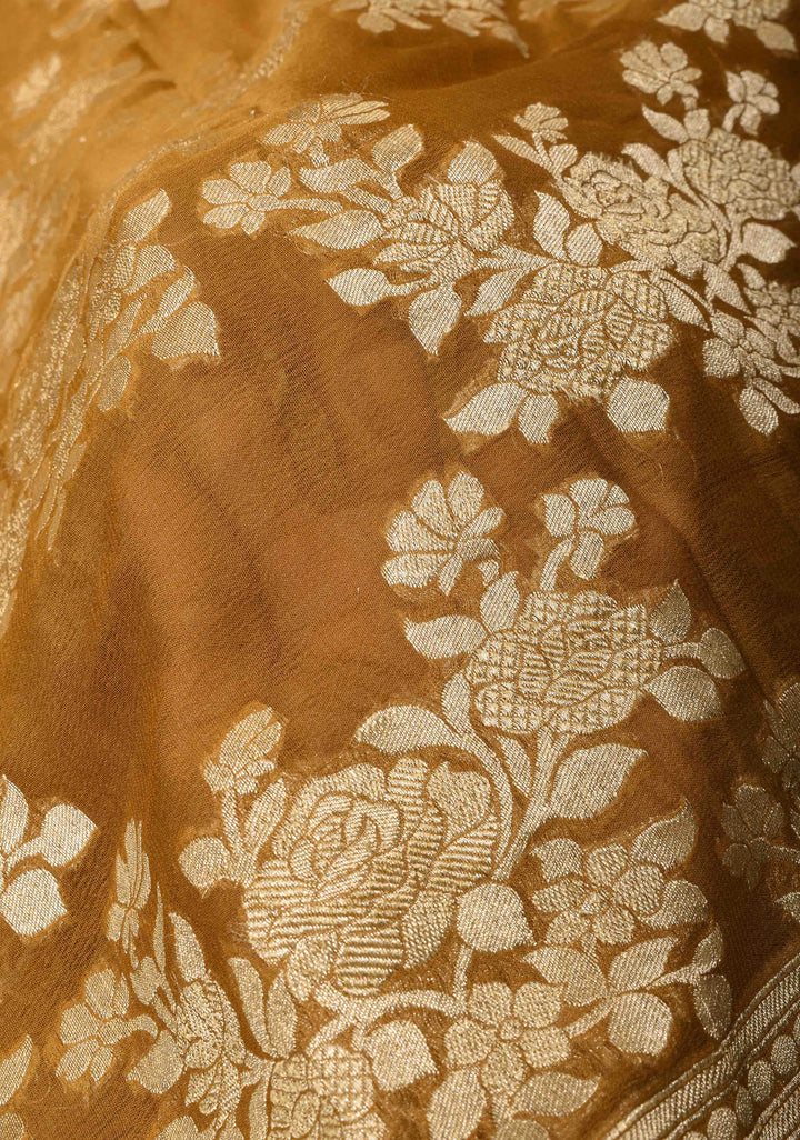 Ochre Banarasi Georgette Silk Saree with Rose Jaal Zari Weaving | SILK MARK CERTIFIED
