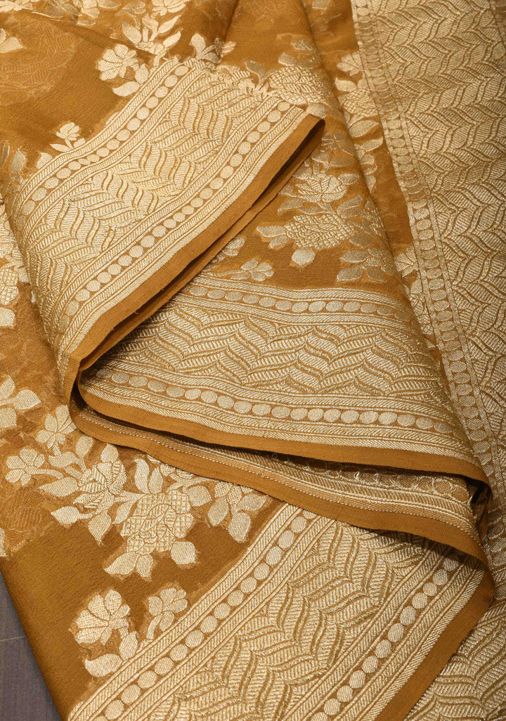 Ochre Banarasi Georgette Silk Saree with Rose Jaal Zari Weaving | SILK MARK CERTIFIED