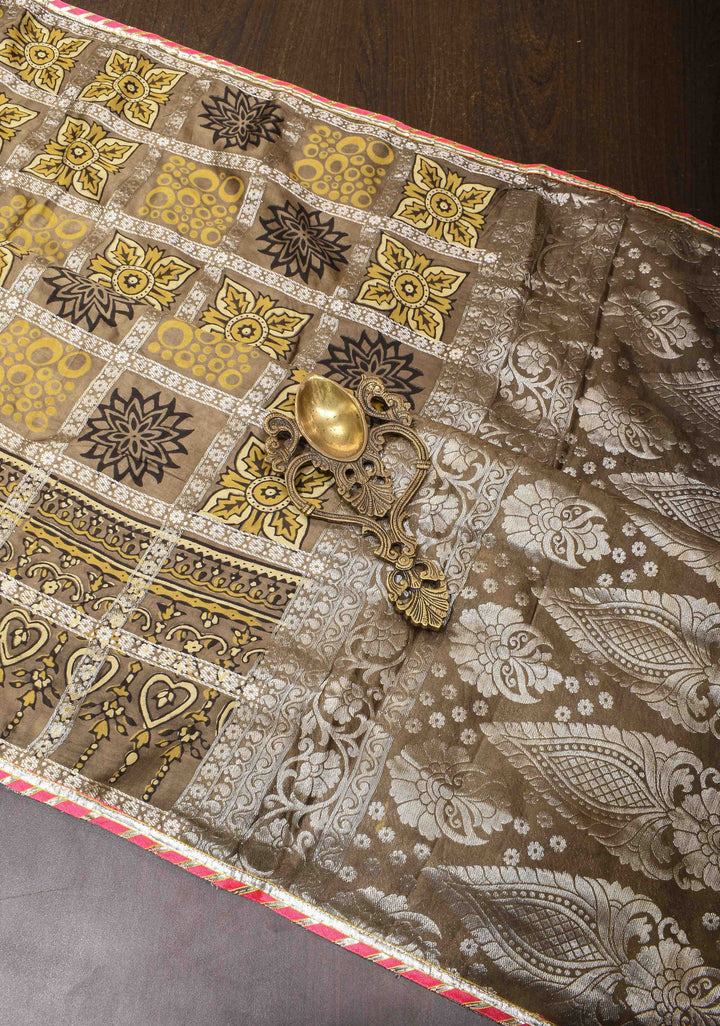 Clay Green Gharchola Ajrakh Handblock Printed on Modal Silk Saree