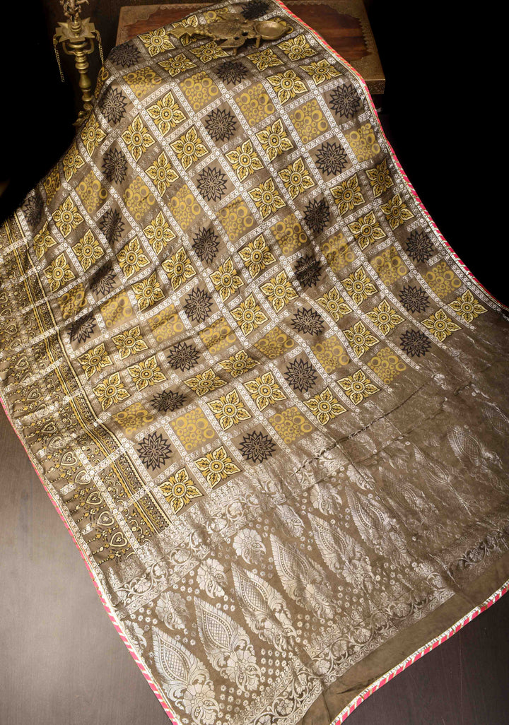 Clay Green Gharchola Ajrakh Handblock Printed on Modal Silk Saree