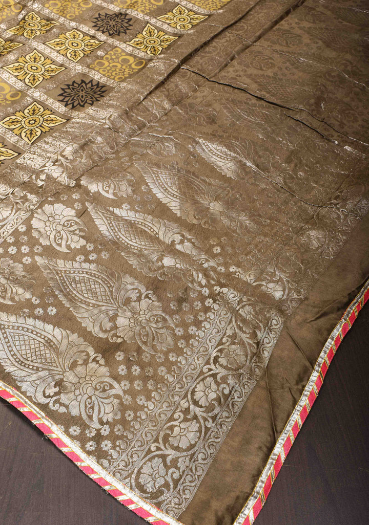 Clay Green Gharchola Ajrakh Handblock Printed on Modal Silk Saree