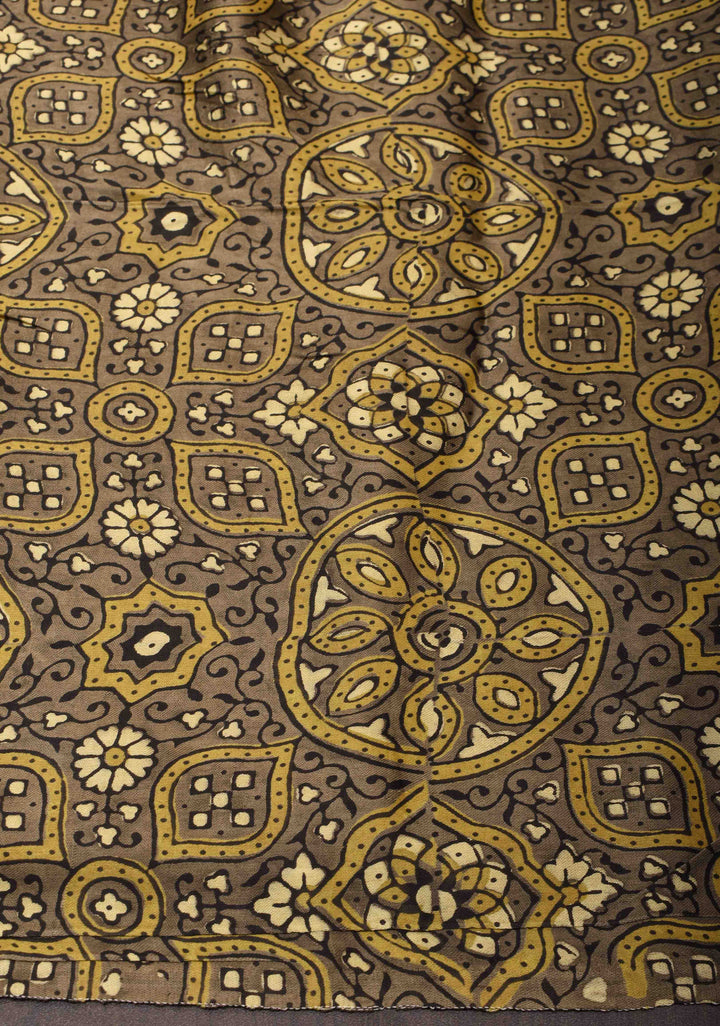 Clay Green Gharchola Ajrakh Handblock Printed on Modal Silk Saree