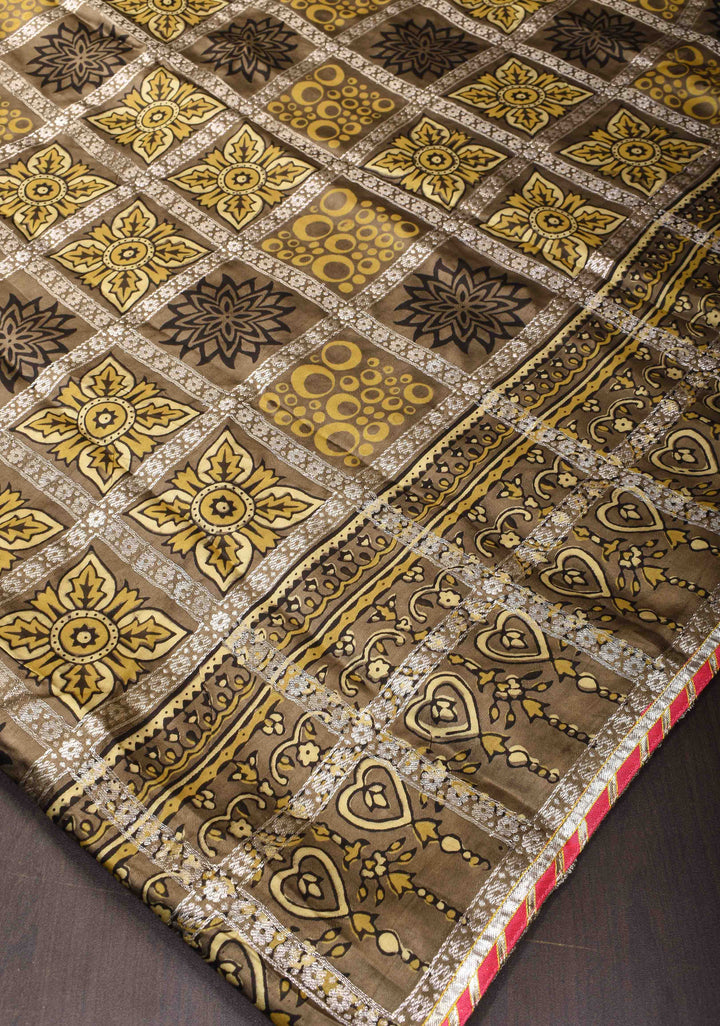 Clay Green Gharchola Ajrakh Handblock Printed on Modal Silk Saree