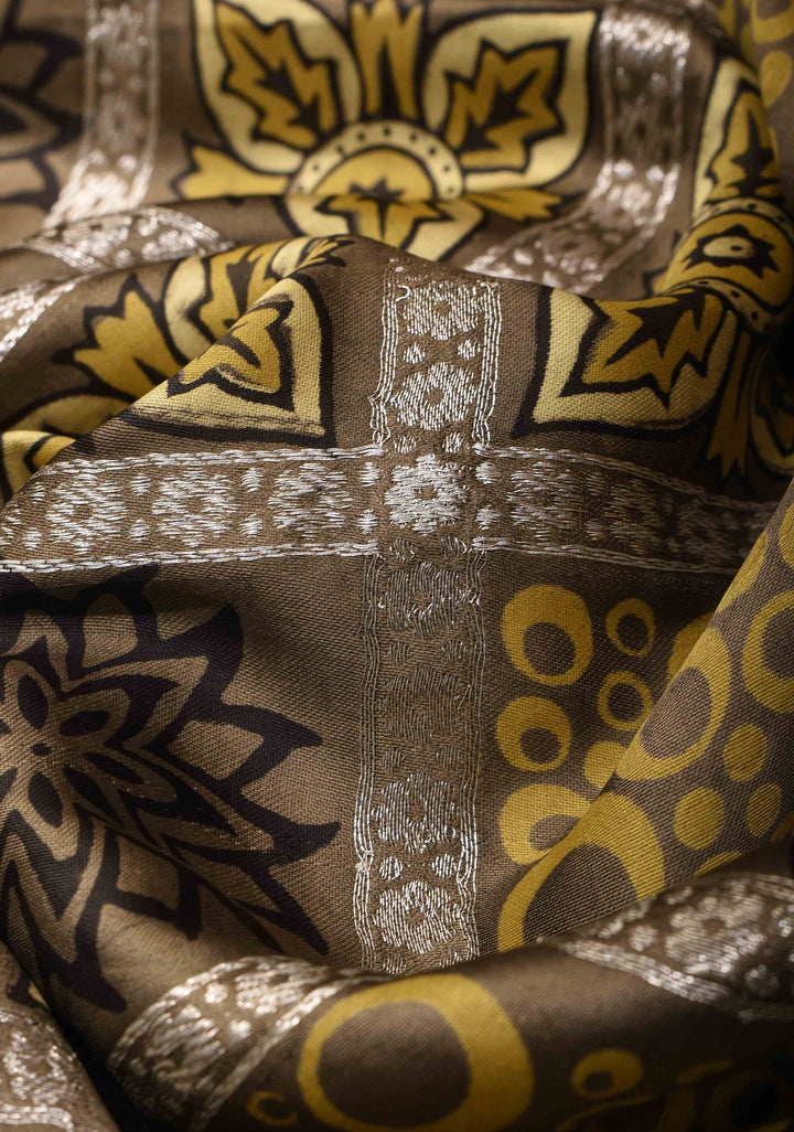 Clay Green Gharchola Ajrakh Handblock Printed on Modal Silk Saree