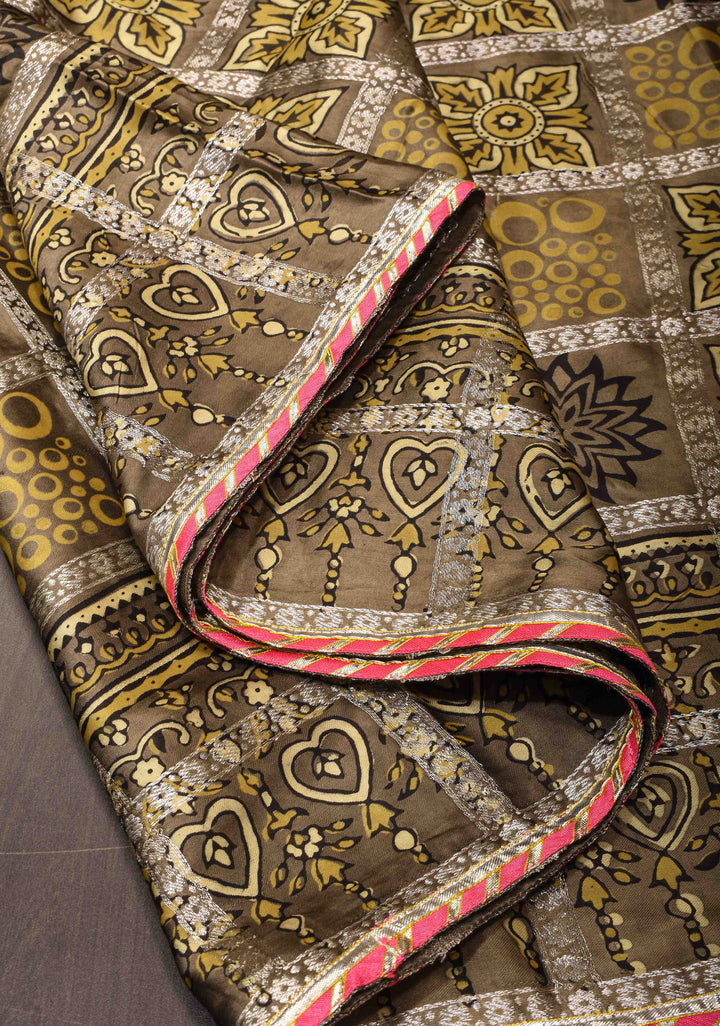 Clay Green Gharchola Ajrakh Handblock Printed on Modal Silk Saree