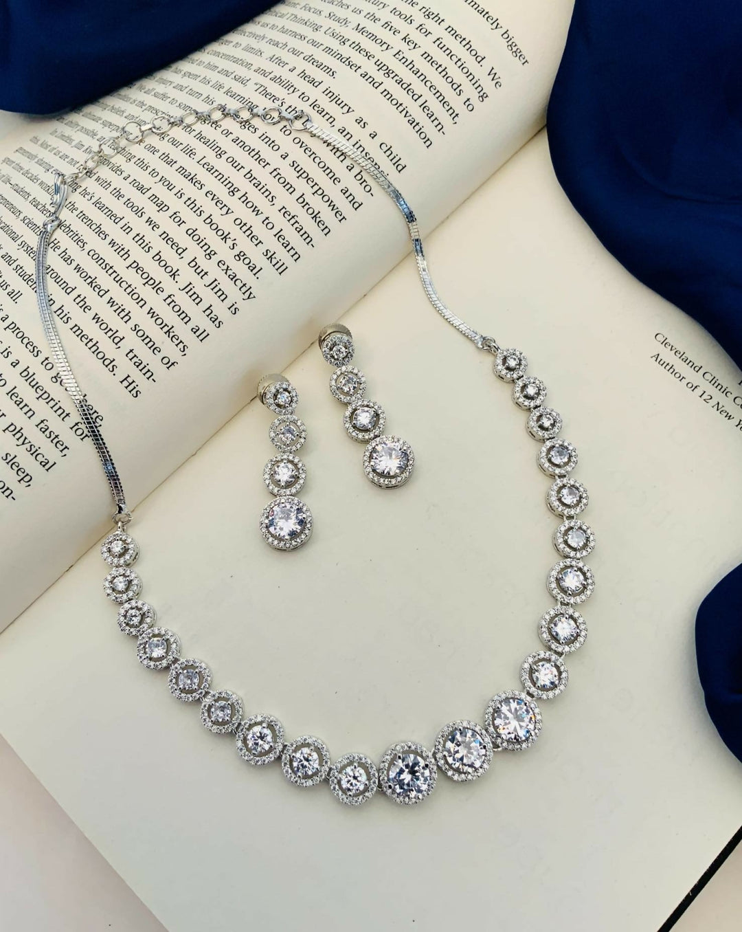 Round Silver Plated American Diamond Necklace Set | SHOBITAM