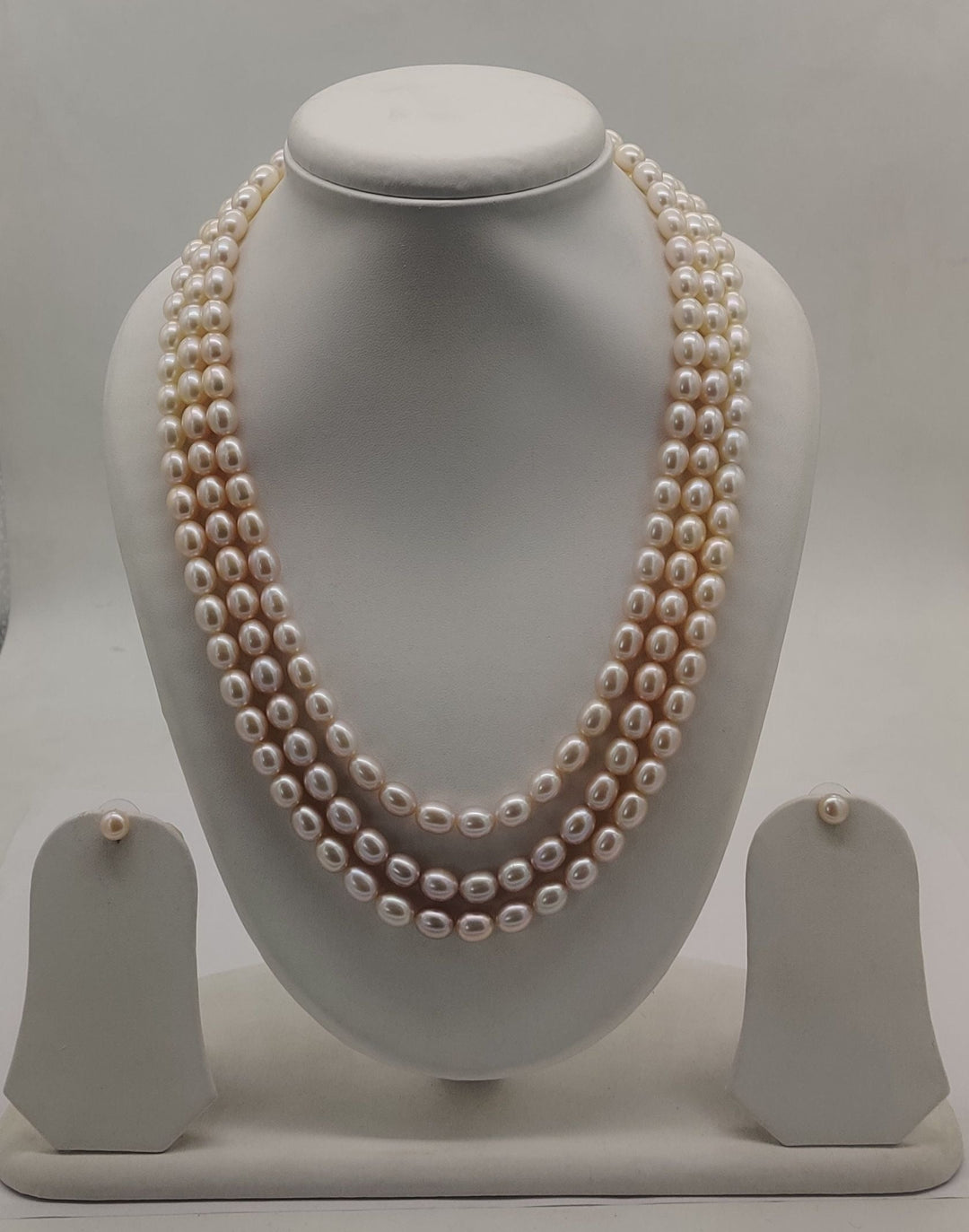 Fresh Water Natural Shaded Peach 3 Line Oval Pearl Set | SHOBITAM