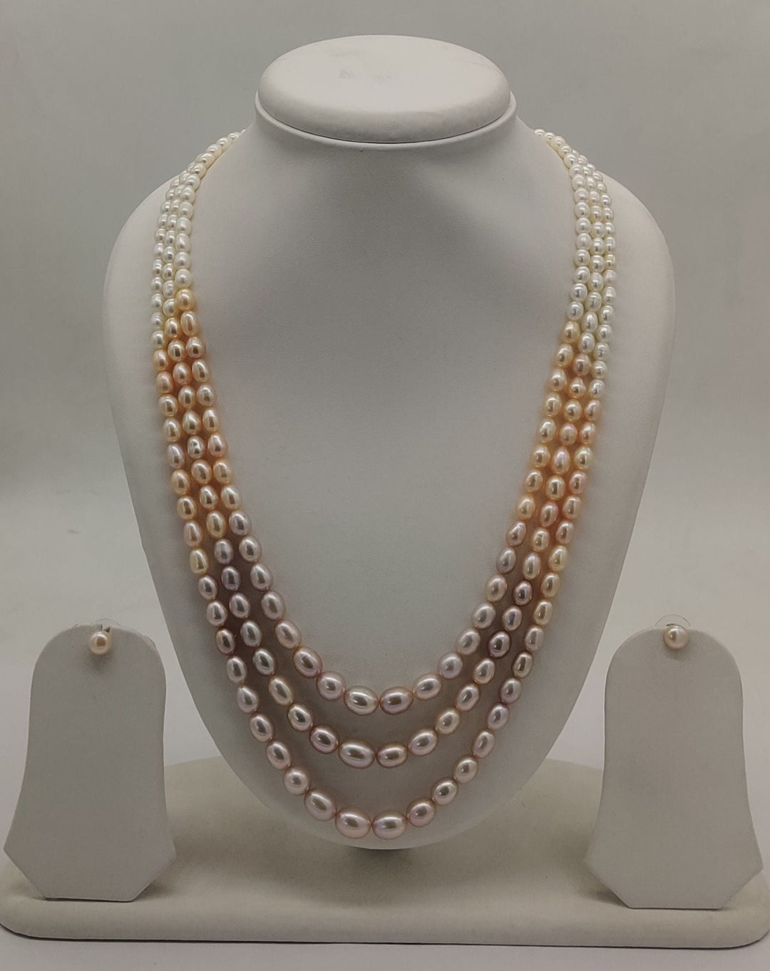 Fresh Water Natural Shaded Peach 3 Line Oval Pearl Set | SHOBITAM