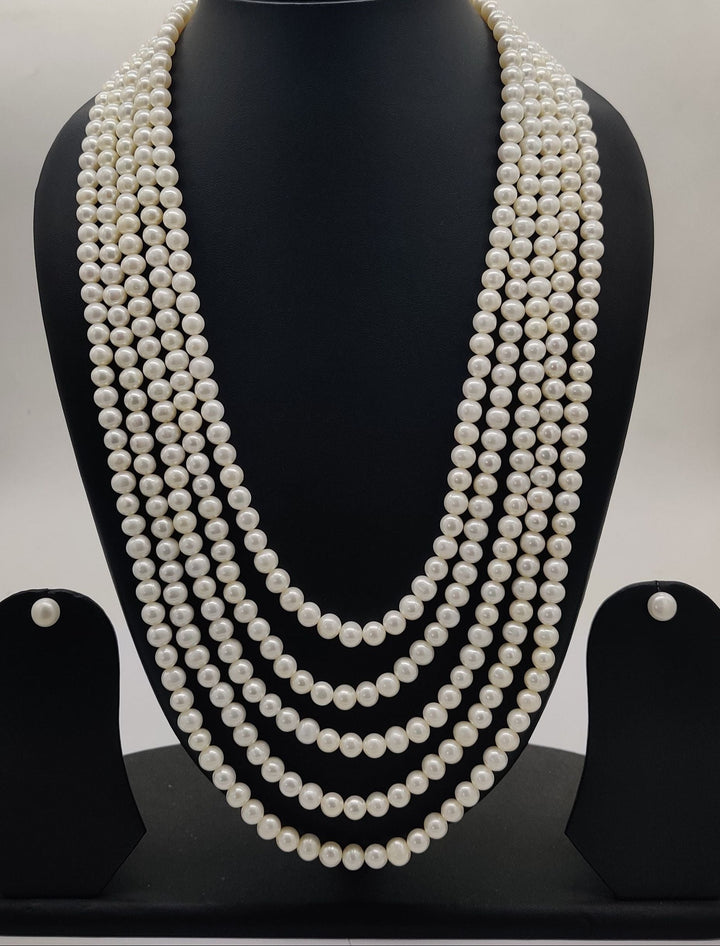 Five-Strand White Freshwater Pearl Necklace & Earring Set | SHOBITAM