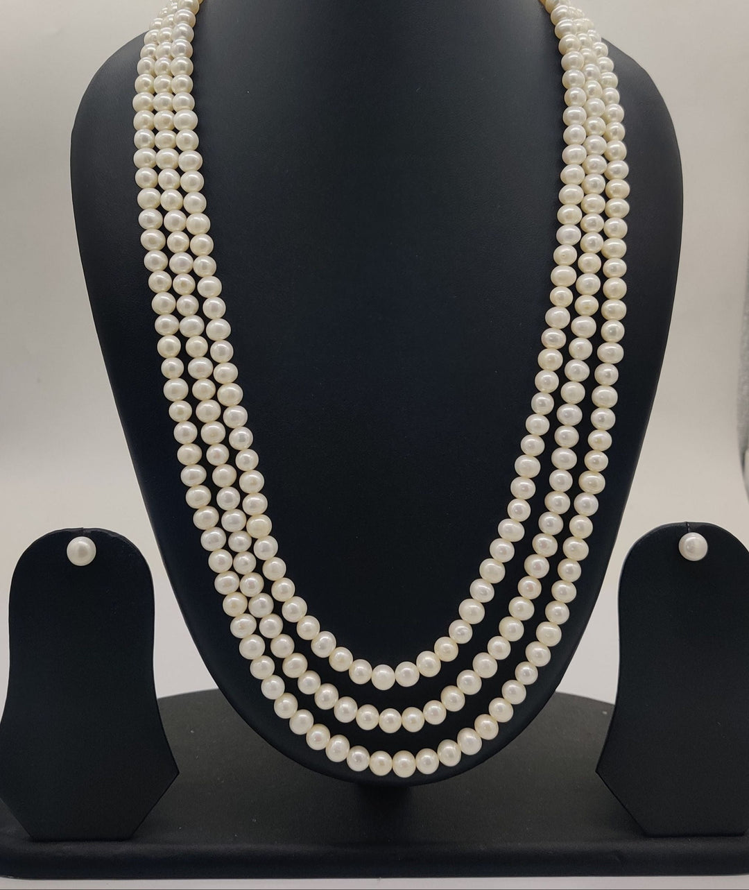 Triple-Strand White Freshwater Pearl Necklace Earring Set | SHOBITAM
