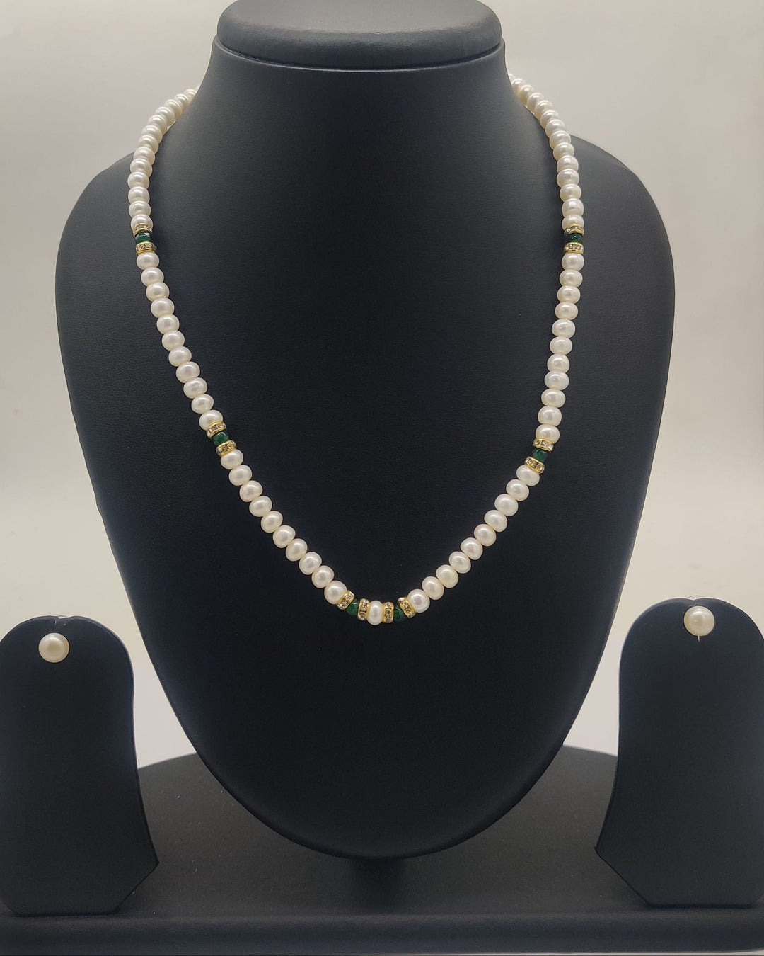 Freshwater Pearl Necklace Set with Green & Gold Accents | SHOBITAM