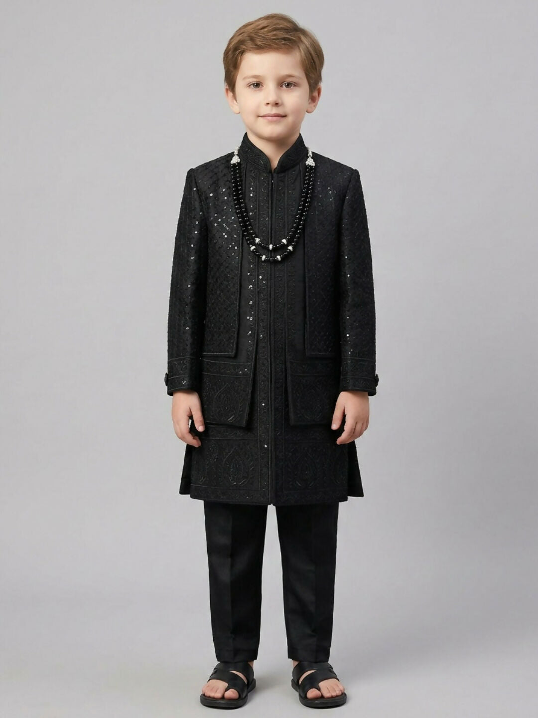 Boys Embroidered Black Sherwani Set with Jacket, Trousers | SHOBITAM