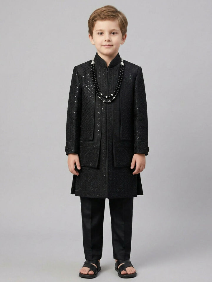 Boys Embroidered Black Sherwani Set with Jacket, Trousers | SHOBITAM