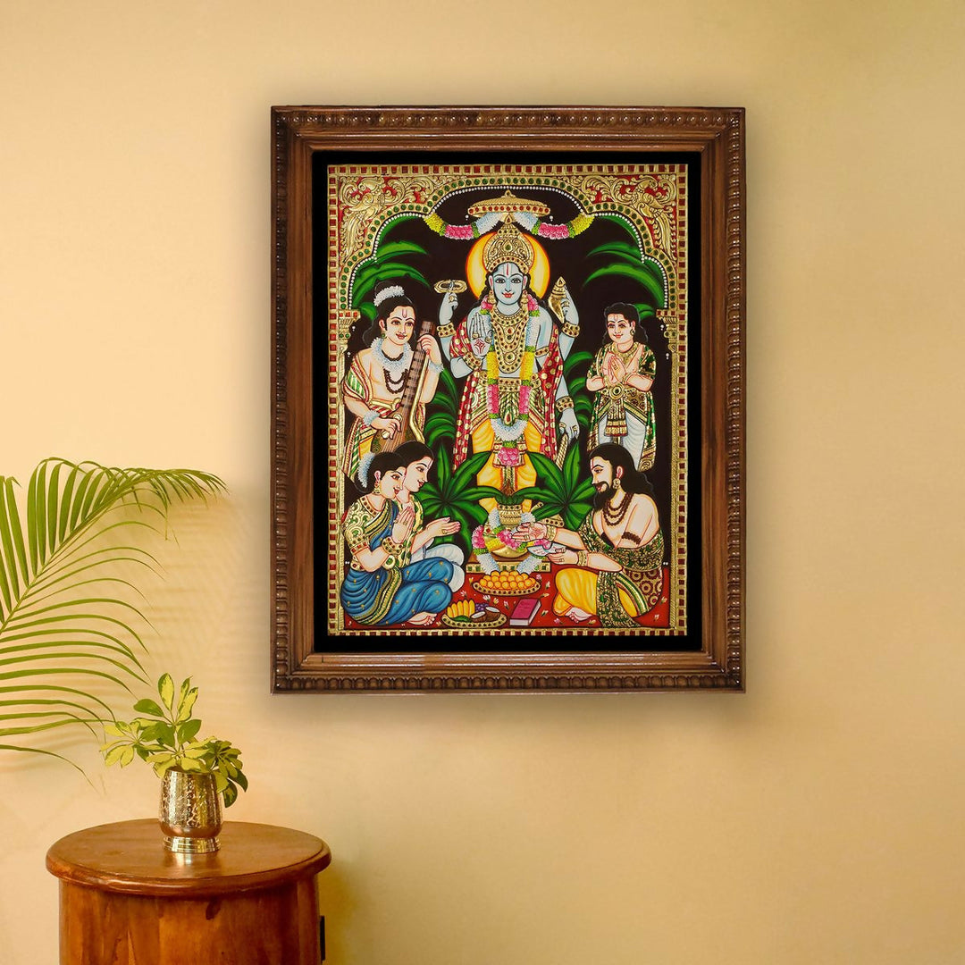 18*14" Sathyanarayana Tanjore Painting Authentic With 22 Ct Gold Foil and Jaipur Gemstones, Unframed | SHOBITAM