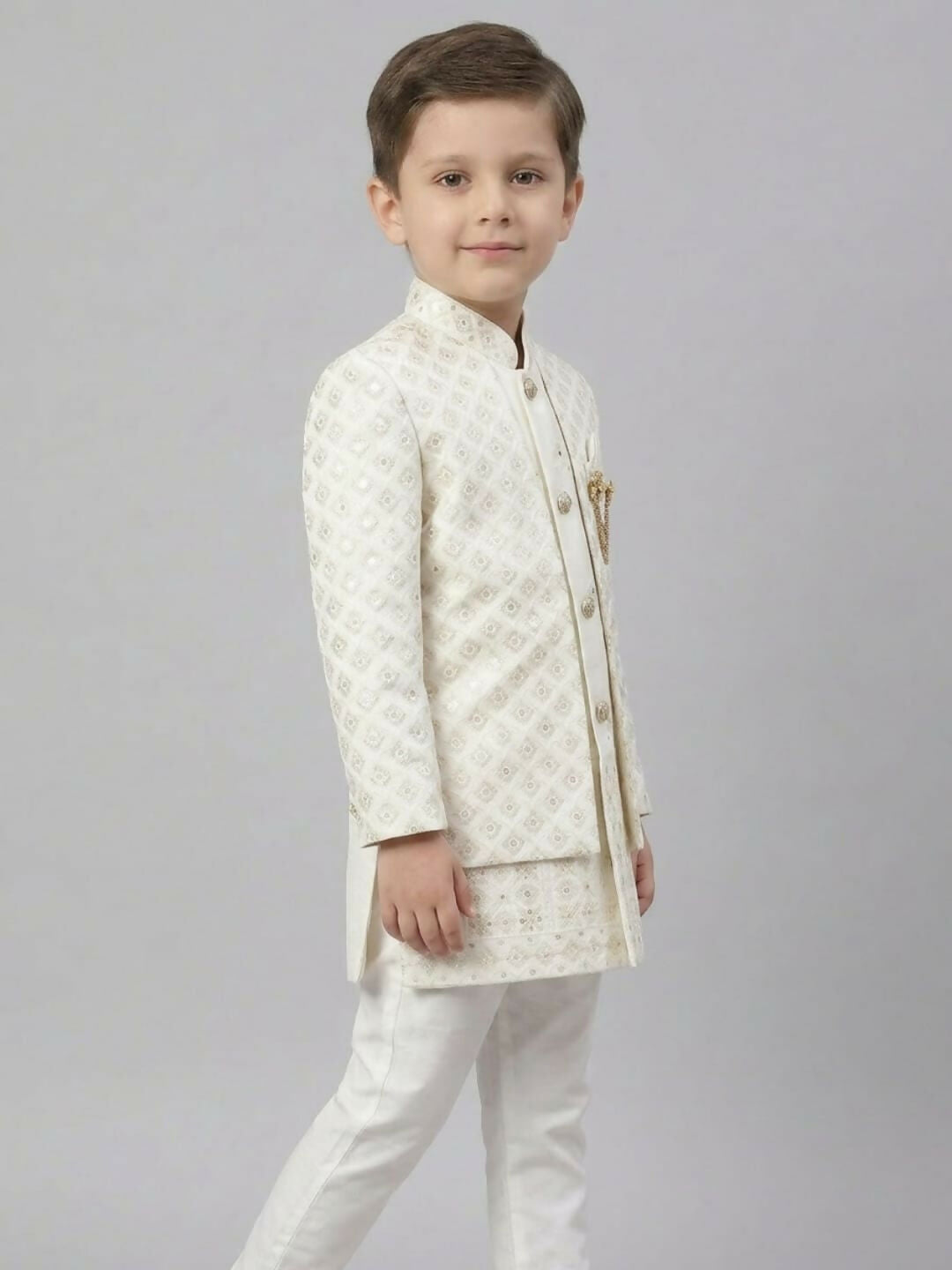 Boys Embroidered White Indo Western Sherwani Set with Jacket and Brooch | SHOBITAM