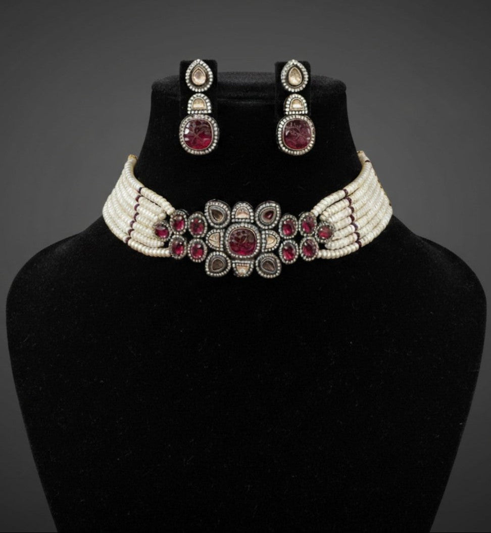 Ruby Clear Stone Antique Pearl Choker Set | SHOBITAM