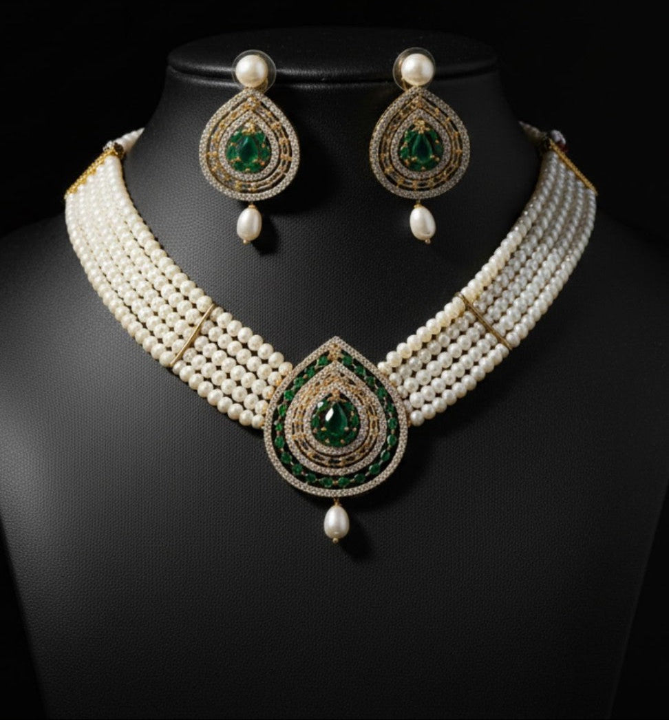 Green White Tear-Drop Pendant Pearl Choker Set | SHOBITAM