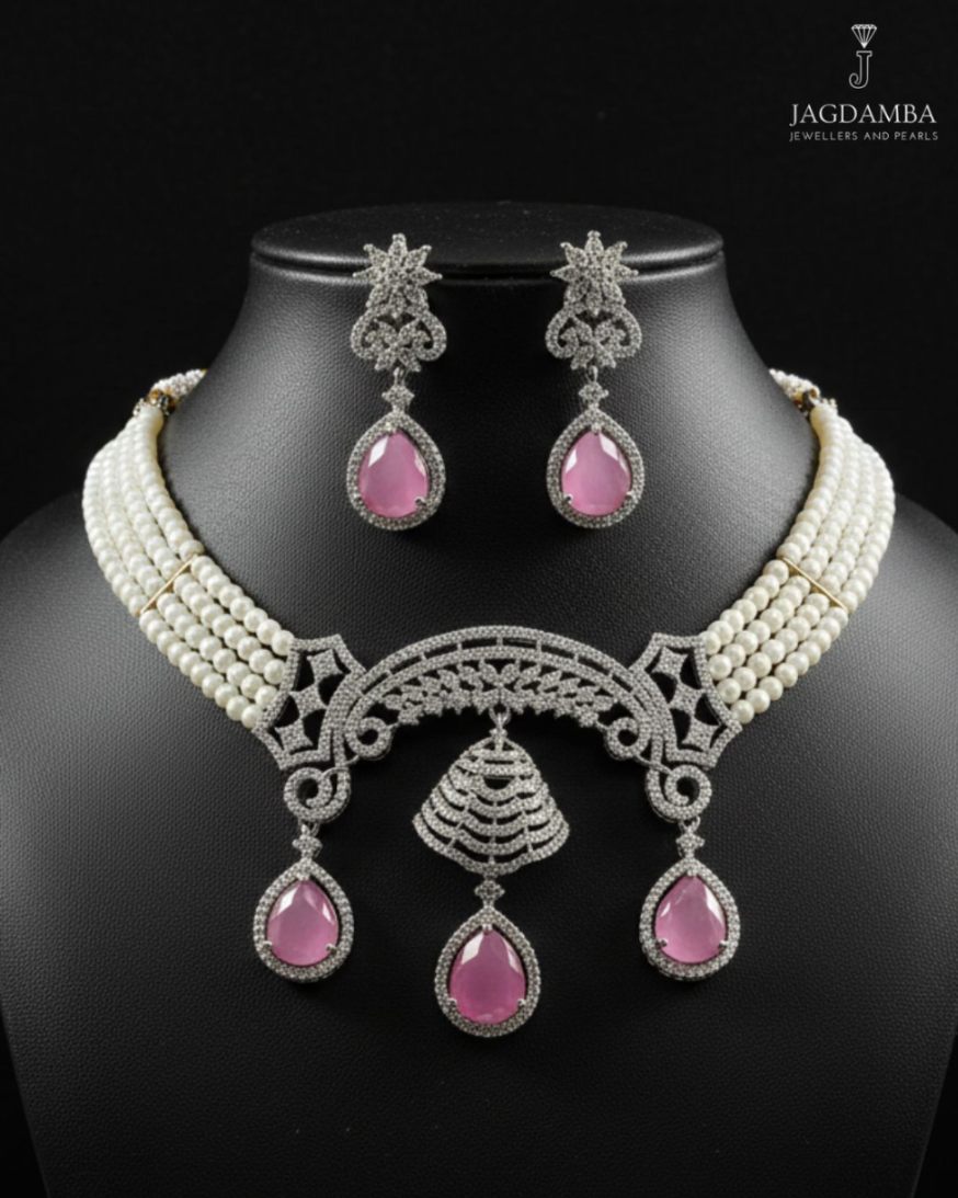 Blush Elegance Pearl & Pink Stone Choker Set | SHOBITAM