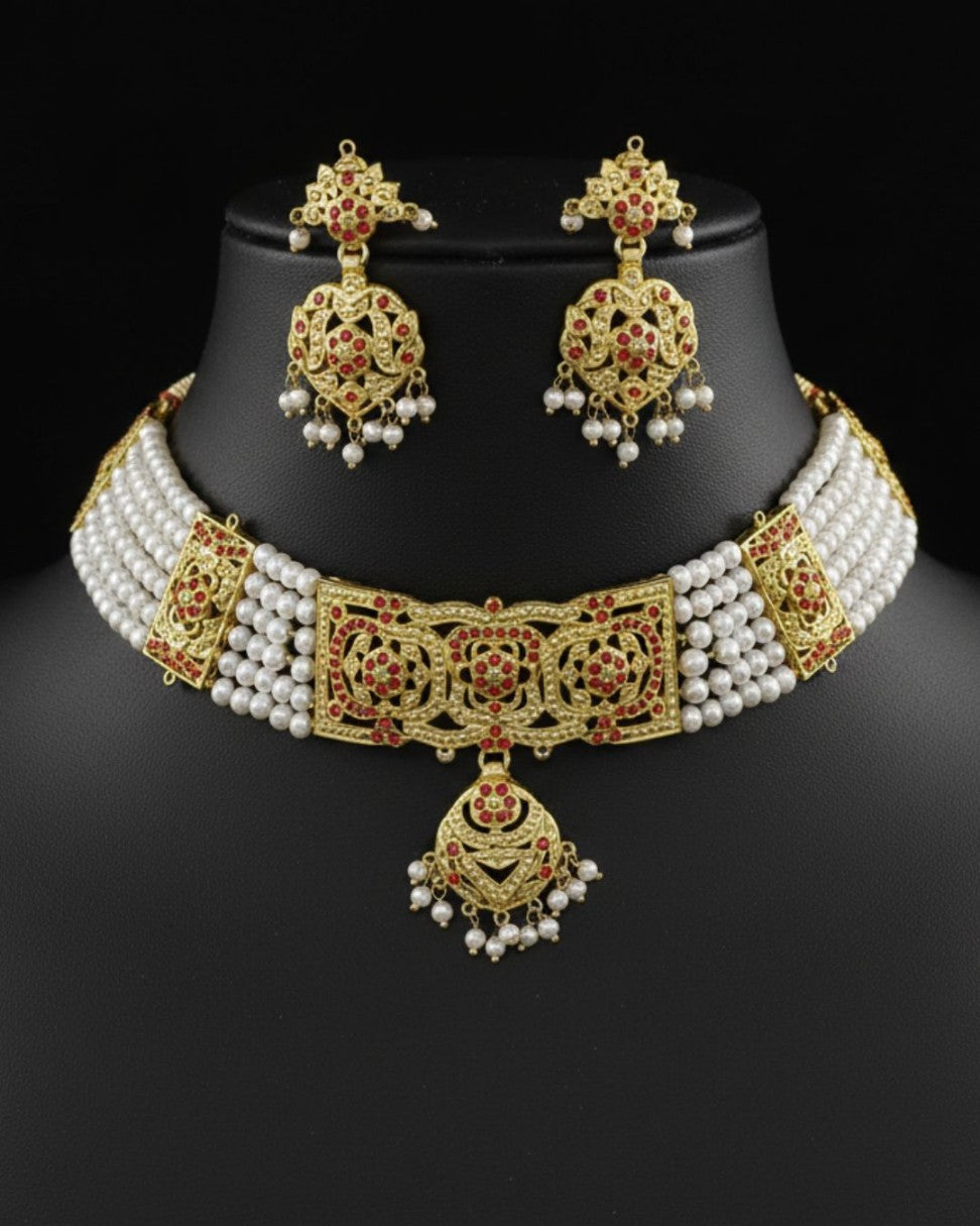 Traditional Red Enamel Choker Set with Pearl Drops | SHOBITAM