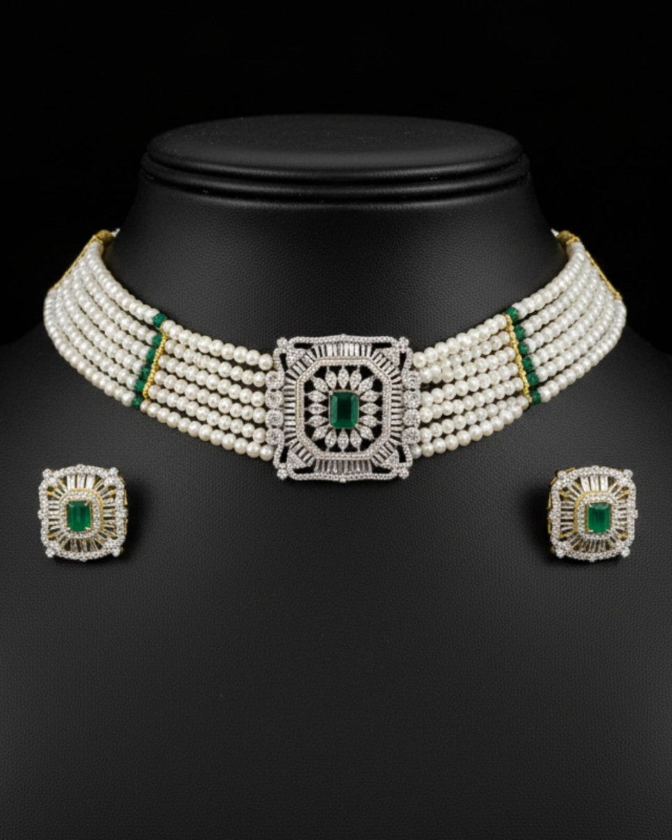 Emerald-Cut Green & White Stone Pearl Choker Set | SHOBITAM