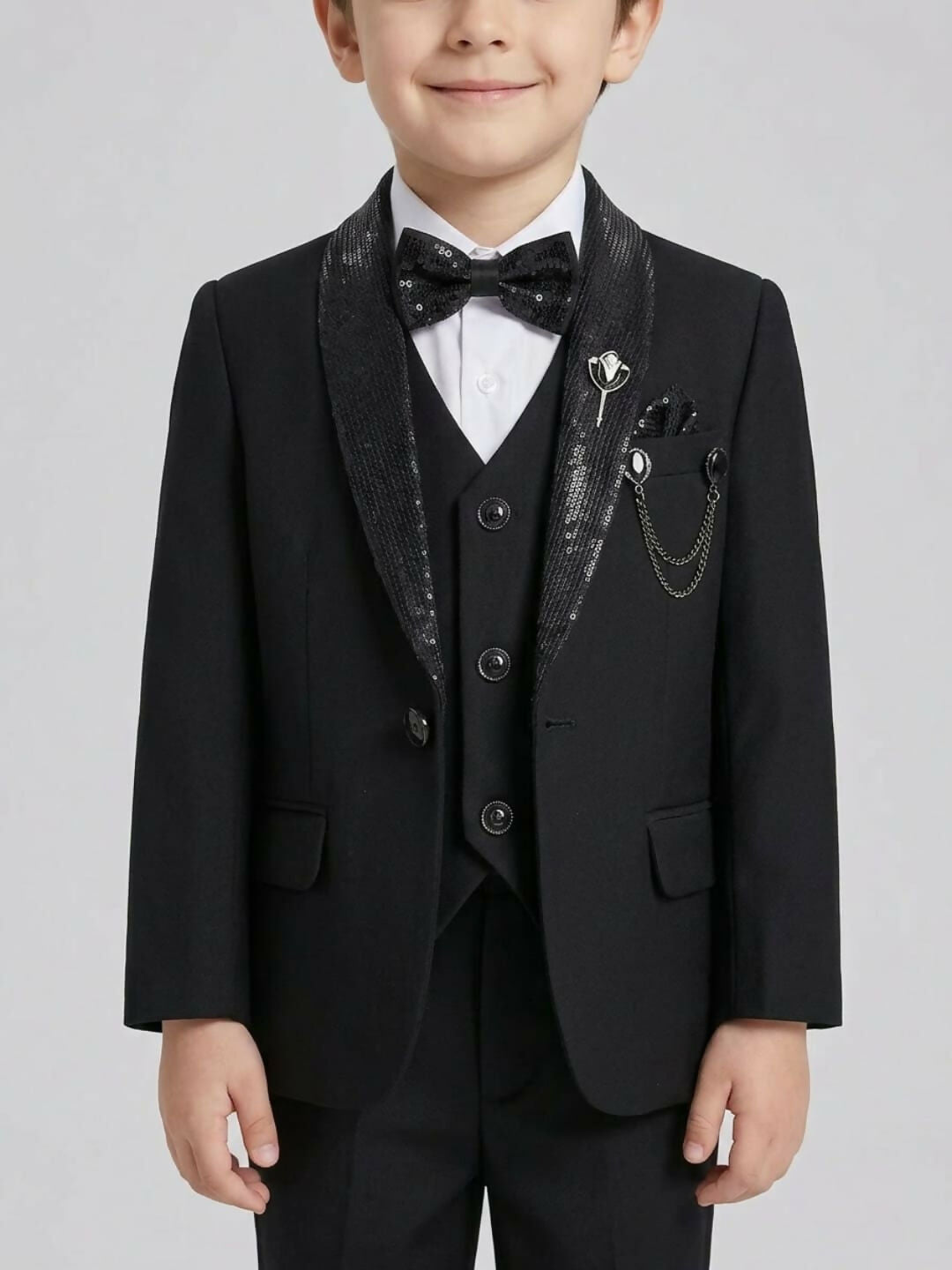Boys Formal Black Suit Set with Blazer, Waistcoat, Dress Shirt, Trousers & Bow Tie | SHOBITAM
